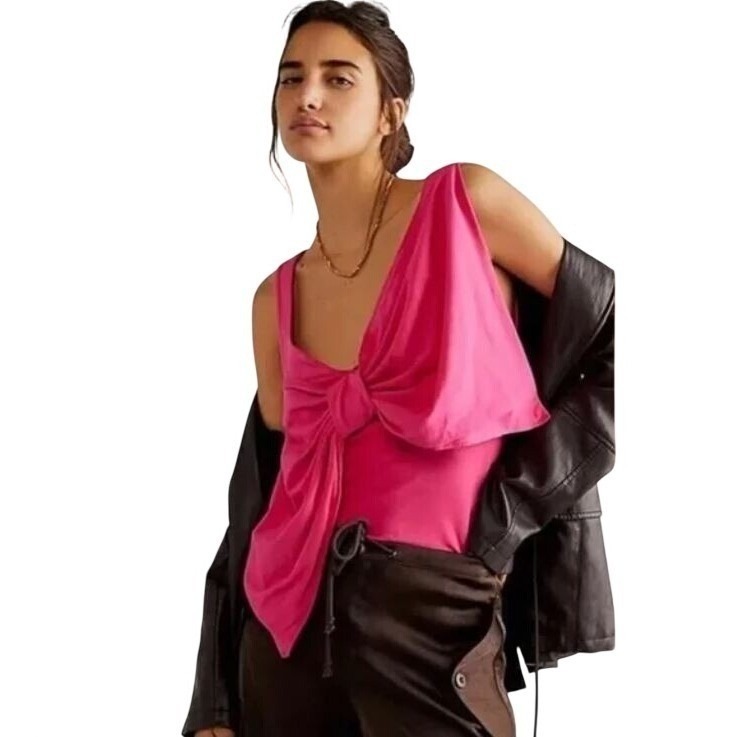 Free People Bow Tank Top Womens L Pink Sleeveless Stretch Knot Front Babydoll